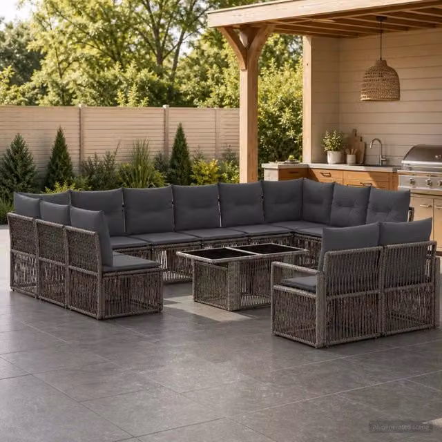 Set Divano da Giardino vidaXL 13 Pezzi a Forma di U in Polyrattan Grigio e Antracite con Cuscini e Tavolino