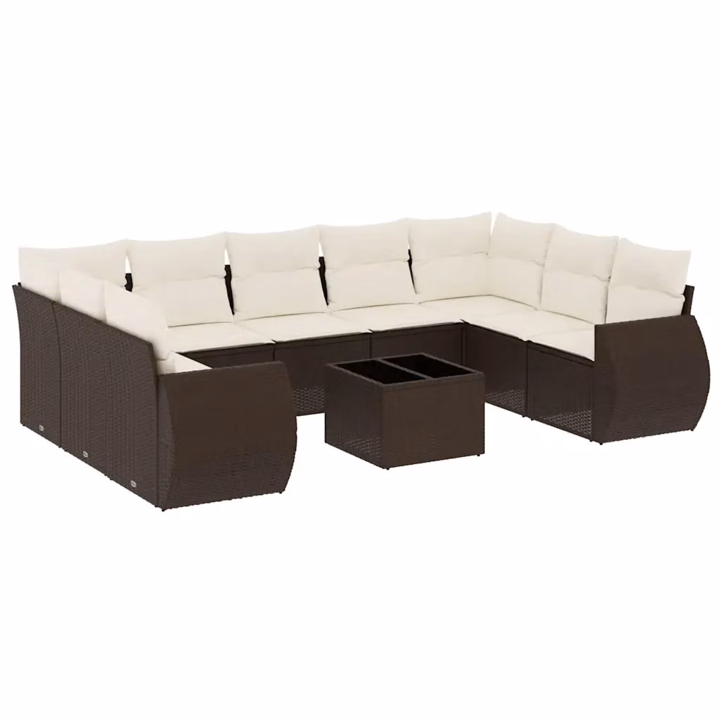 vidaXL Set Divani da Giardino 10 Pezzi a Forma di U con Cuscini Marrone e Bianco in Polyrattan e Acciaio – 2