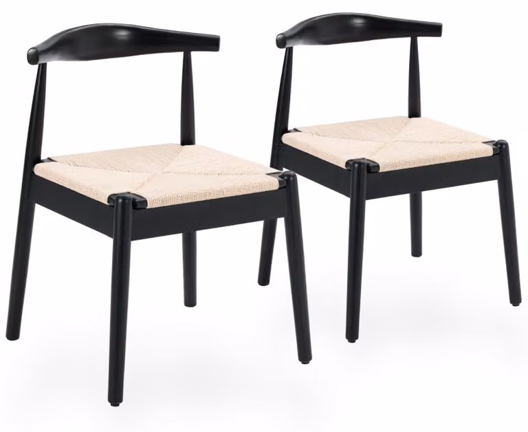 Set di 2 sedie da pranzo in legno, con seduta in corda di carta e schienale curvo, colore nero