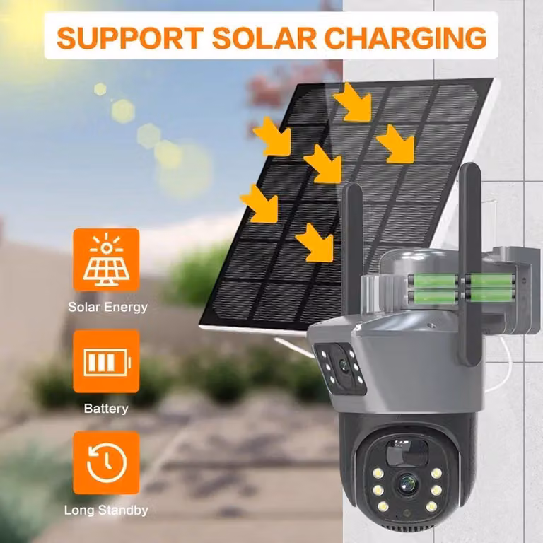 Telecamera di sicurezza con doppia lente, pannello solare e connessione Wi-Fi, adatta sia per interni che per esterni