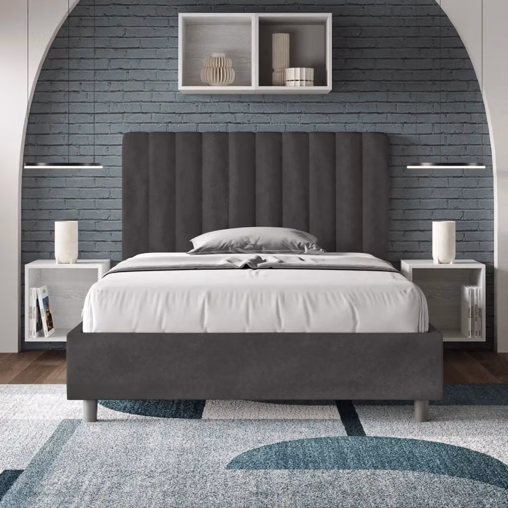 Letto matrimoniale moderno GIORDANOSHOP in legno e tessuto grigio con rete a doghe L/P/H: 122 x 230 x 135 cm – 2