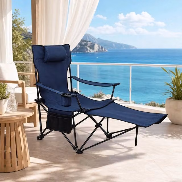 Sedia da campeggio pieghevole WISHDOR con poggiapiedi estraibile e schienale regolabile, blu – 1