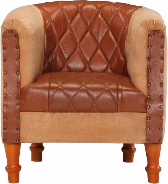 Poltrona | Sedia Relax a Pozzetto Marrone Vera Pelle e Legno Massello Mango