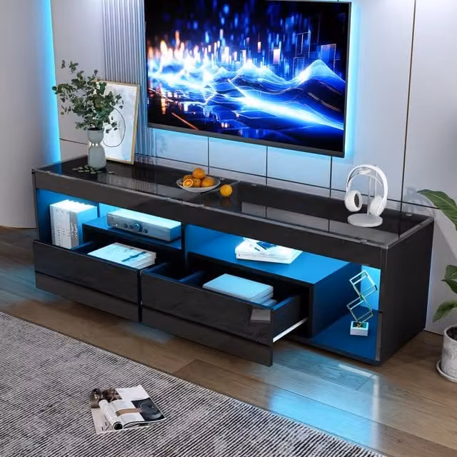 Mobile TV con LED e 2 cassetti in pannello di particelle e vetro temperato nero per TV fino a 70 pollici 180 × 40 × 46 cm