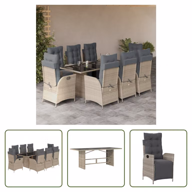 The Living Store Set da pranzo da giardino 9 pezzi con cuscini in poly rattan grigio chiaro