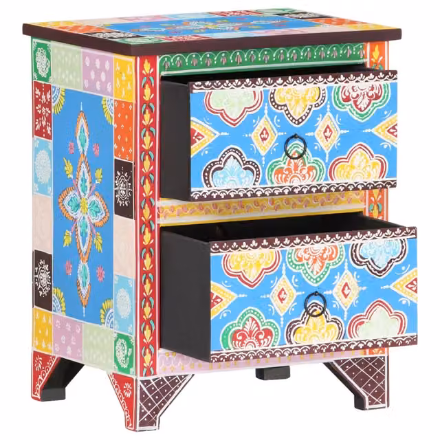 Comodino Dipinto a Mano-Tavolino da notte 40x30x50 cm in Legno Massello di Mango 447795