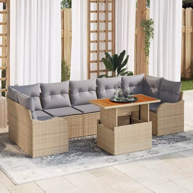 Set Divano da Giardino vidaXL 8 pz in Polyrattan con Cuscini Beige e Grigio con Tavolino da Esterno e Struttura in Legno di Acacia