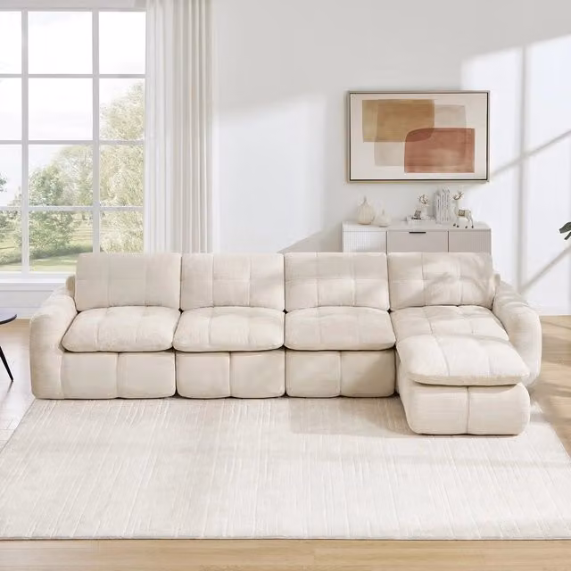 Divano angolare 4 posti ¨C Minimal ¨C Beige tessuto chenille imbottito poggiapiedi