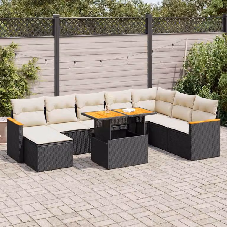 Set di divani da giardino vidaXL 9 pezzi in polyrattan nero con cuscini e tavolino da esterno in legno di acacia