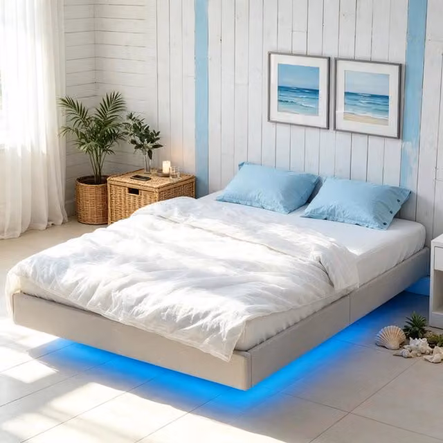 Struttura letto sospesa 140x190 cm con illuminazione a LED, letto matrimoniale, copriletto, rete a doghe in legno inclusa (solo struttura letto)