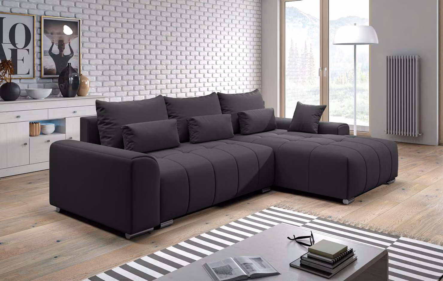 AX LIVING divano letto angolare con rete Rivolli 260 cm nero