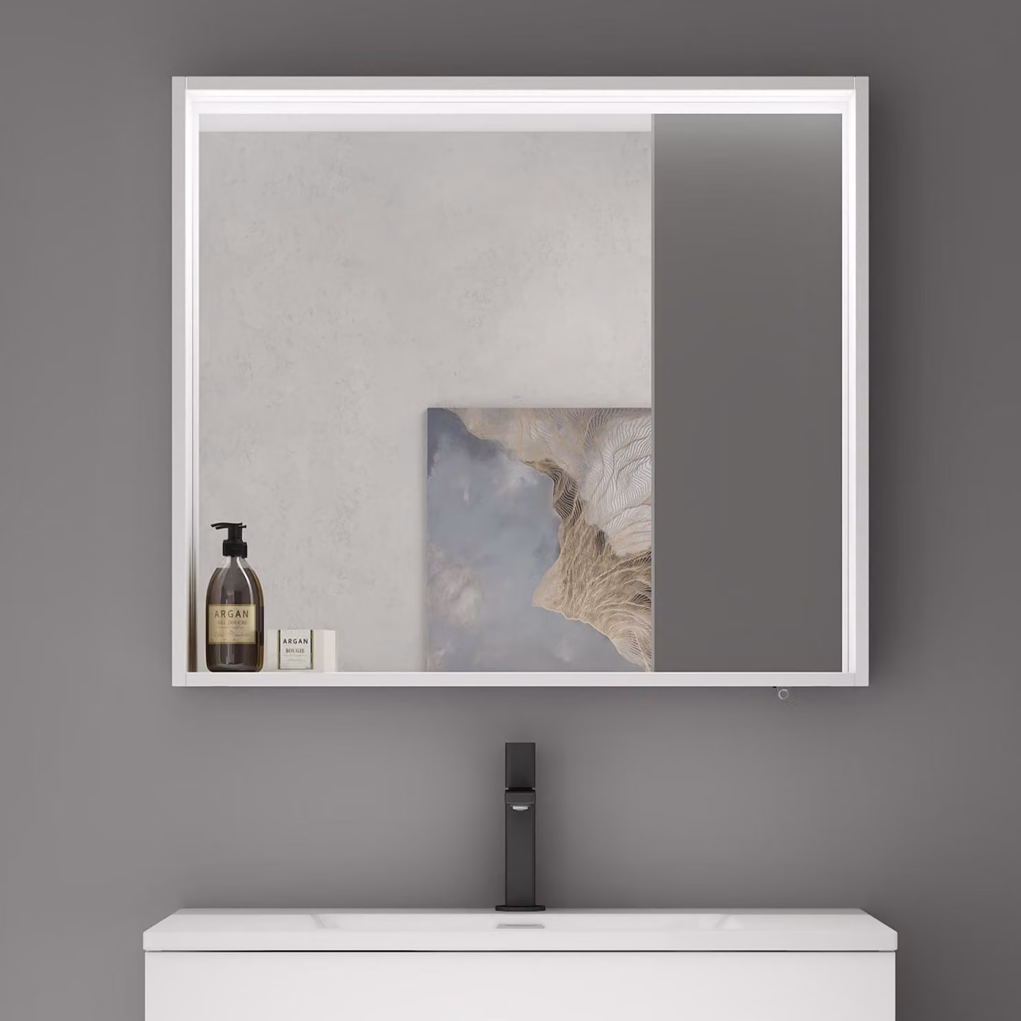 doporro Armadietto a Specchio con Luce 80x12x70cm, Specchio da Parete con Luce LED e Ripiano in Legno Bianco opaco Spiegelschrank-01