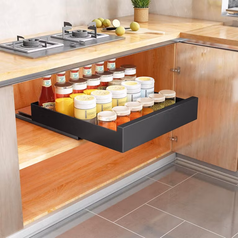 Cassetto estraibile per mobili da cucina, dimensioni 43x40x9 cm, colore nero. Non richiede foratura
