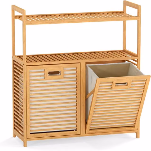 Cesto portabiancheria in bambù marrone con 2 sacchetti rimovibili e 2 ripiani aperti per bagno e lavanderia, H: 92 cm, L: 80 cm, P: 30 cm