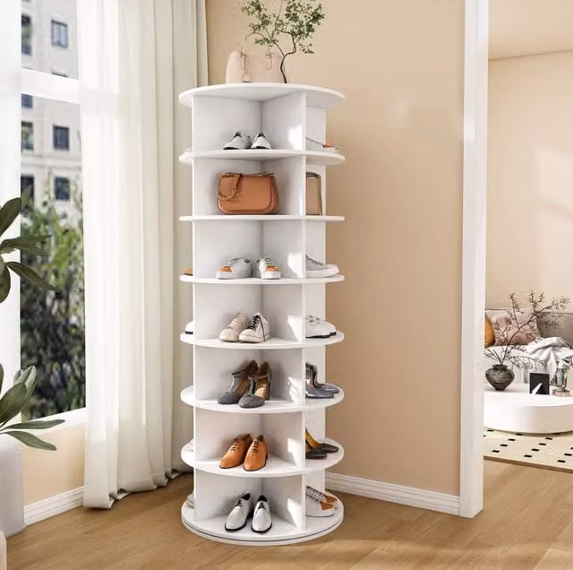 Scarpiera girevole a 7 livelli per 28 paia, rotazione 360°, in PVC bianco, L/P/H: 60 x 60 x 161 cm