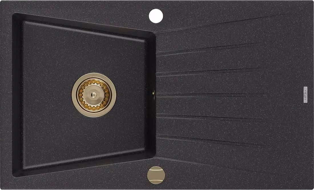 Mexen Cesar lavello in granito a 1 vasca con scolapiatti 775 x 470 mm, nero/argento metallico, sifone dorato - 6514771010-73-G