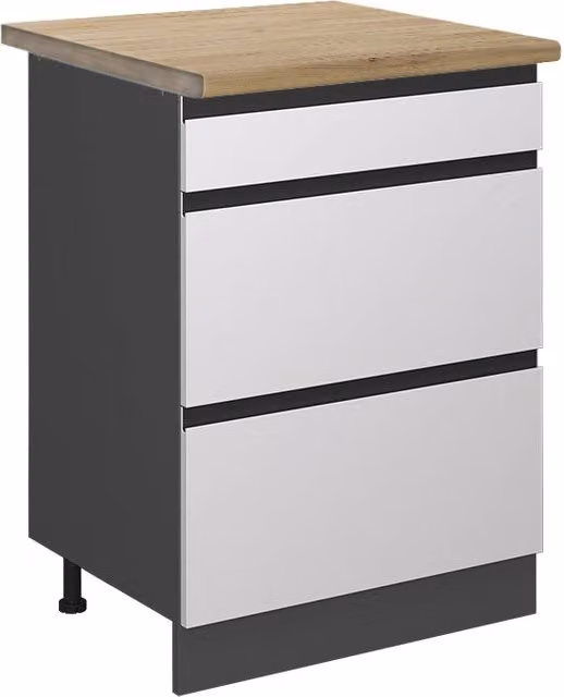 Mobiletto base per cucina R-Line Bianco/Antracite 60 cm J-Shape con cassetti, PL Rovere Vicco