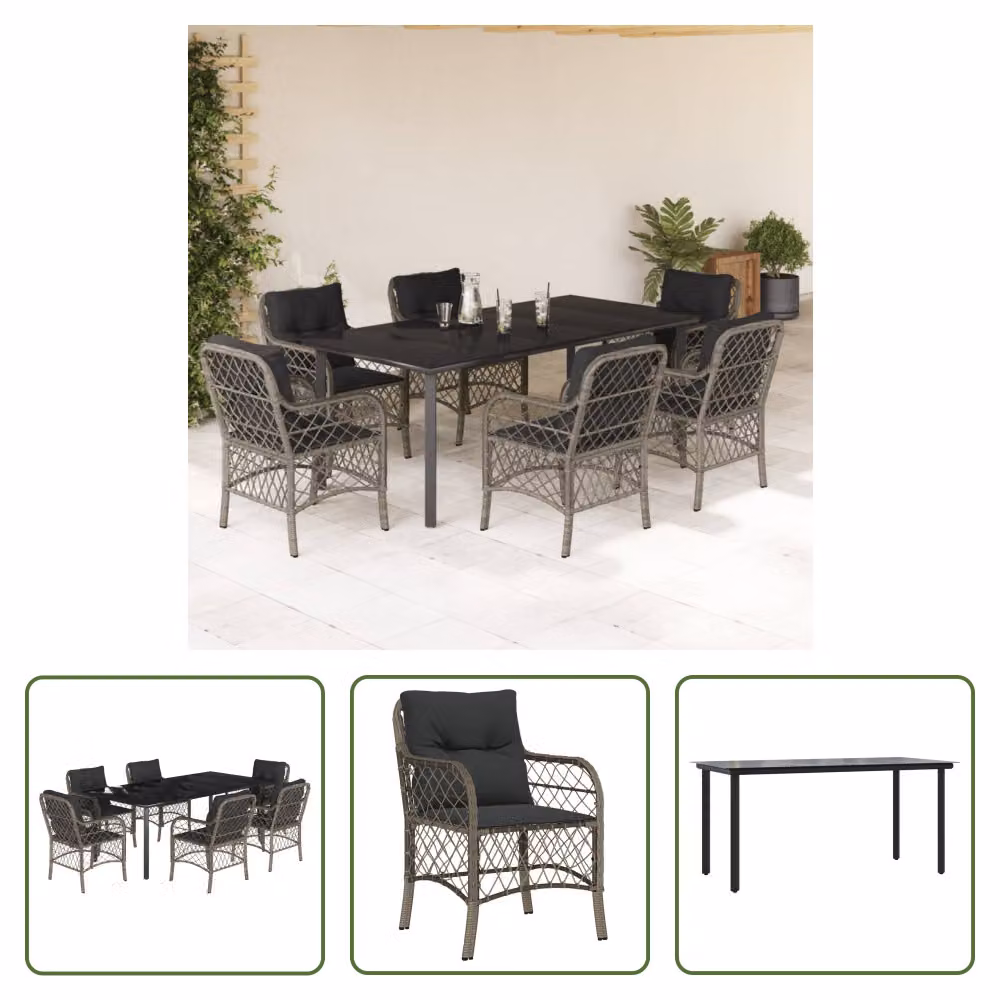 The Living Store Set da pranzo da giardino 7 pezzi con cuscini in poly rattan grigio