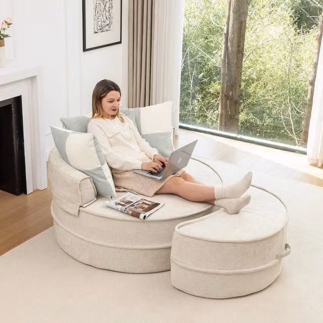 Divano Rotondo con Cuscini e Poggiapiedi ¨C Minimal ¨C Beige Tessuto Morbido