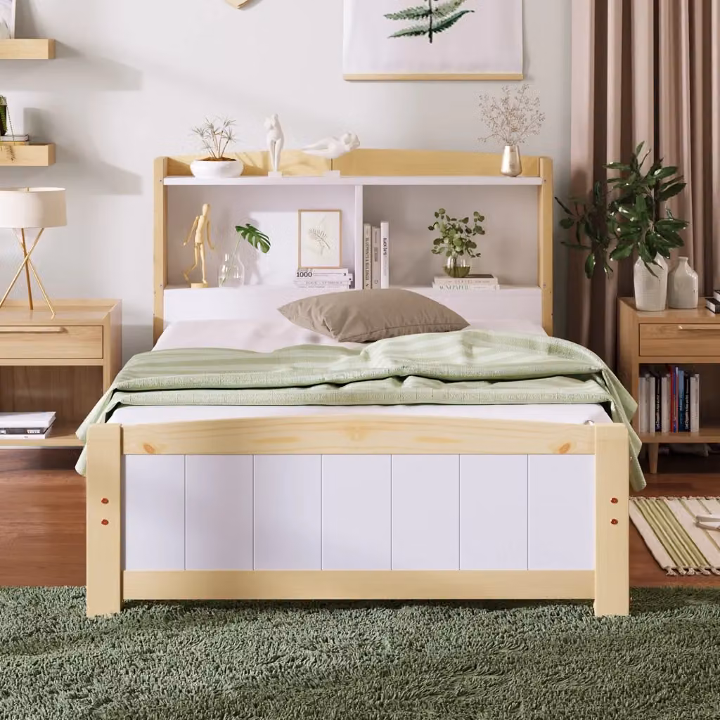 Letto Singolo Minimal in Pino Massello Bianco con Testiera Contenitore e Rete a Doghe L/P/H: 90 x 200 cm – 2