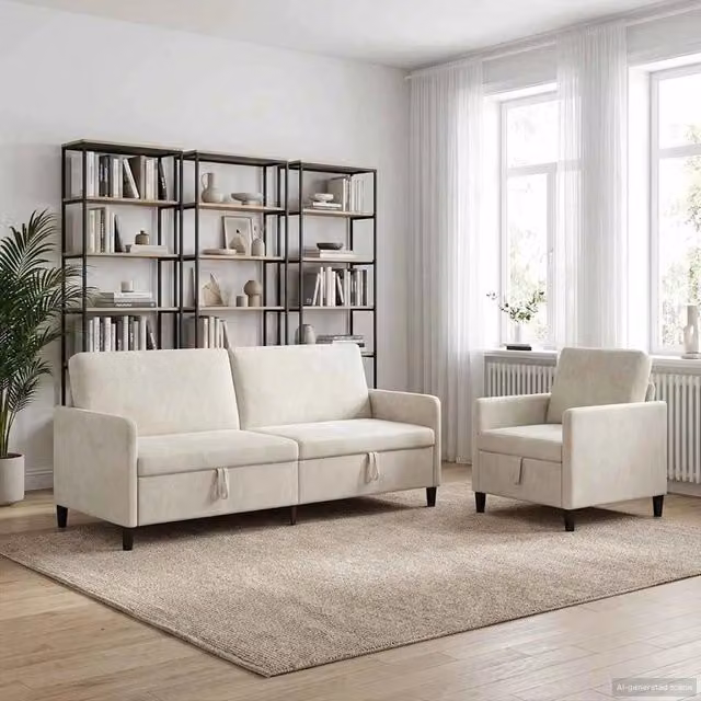Set di Divani con Storage 2 pz Crema Poliestere 3429254