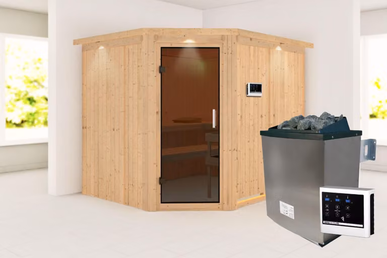 Karibu sauna cabina interna Malin sauna interna 3 panche in legno, cabina sauna con spessore parete 68 mm, sauna a vapore con materiale di montaggio