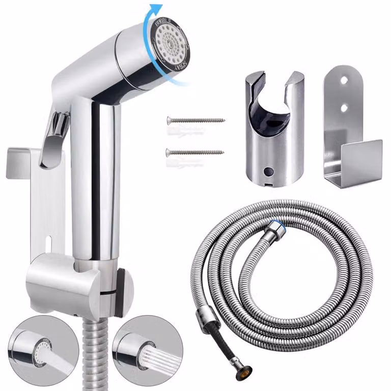 Inovra - Doccia manuale per bidet, bagno, con tubo flessibile, kit di fissaggio a parete, sedile da bagno, vaschetta per pediluvi, diffusore a forma di fiore, panno per la pulizia del pavimento, salviette umidificate per l'igiene del bagno
