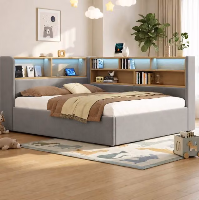 Letto giorno imbottito 140x190 cm in velluto grigio con spazio contenitore idraulico, LED, USB e schienale