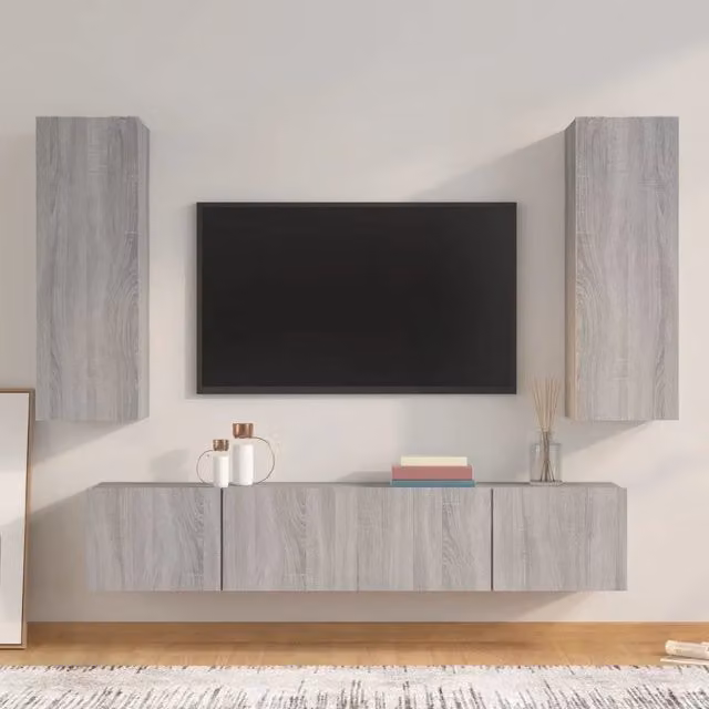 Set di mobili porta TV 4 pezzi in legno multistrato color grigio sonoma per soggiorno con finitura opaca – 1