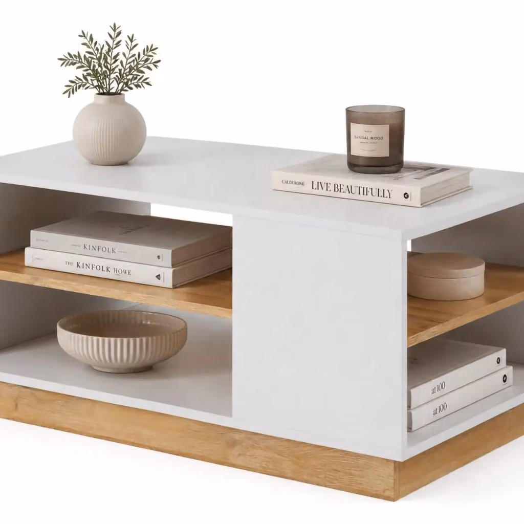 Tavolino da salotto DMORA Kari con 2 vani, L/P/H: 100 x 60 x 46 cm, Bianco e Rovere – 2