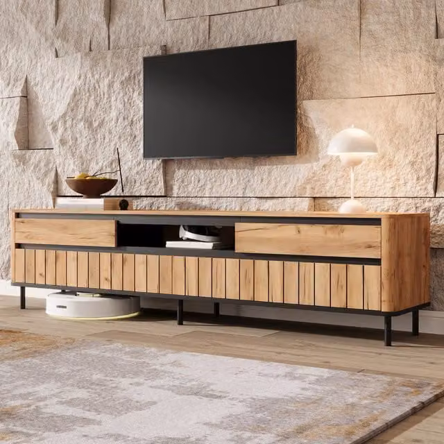 Mobile TV FOLYNA moderno in MDF naturale e nero con 2 cassetti, 2 ante a ribalta e piedi in metallo L/P/H: 180 x 40 x 52 cm