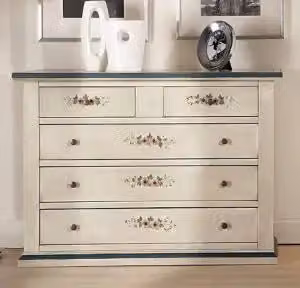 Comò casettiera in legno 3+2 cassetti Shabby chic bianco anticato decorato fiori con filo blu