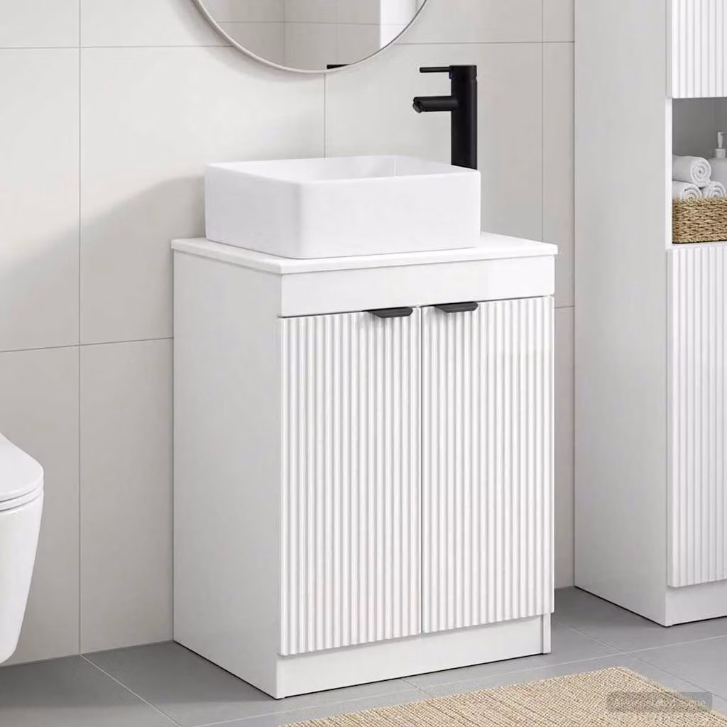 Set di mobili per il bagno moderno vidaXL in MDF bianco lucido con ante a battente e ripiani interni, freestanding