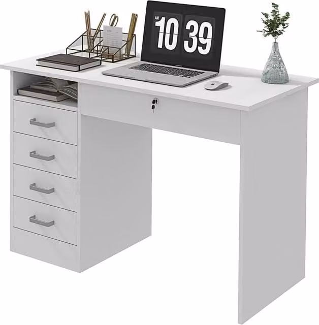 Scrivania moderna con 5 cassetti, piano grande, ripiano aperto, cassetto a chiave ¨C zephmum ¨C bianco, multistrato, 110x50x76cm