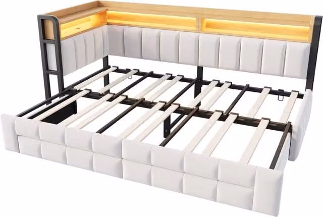 Letto singolo estraibile Chicfurn con 2 cassetti, ripiani, illuminazione LED, porte USB e Type-C, rivestimento in tessuto beige o bianco, L/P/H: 200 x 90 x 51 cm