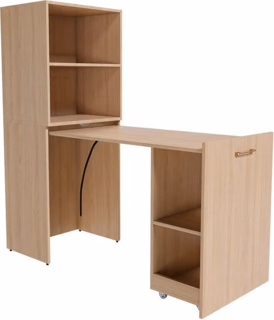 Scrivania Estraibile in MDF con Armadietto e Ruote, Piano Regolabile, Rovere Chiaro, Salvaspazio per Camera e Ufficio