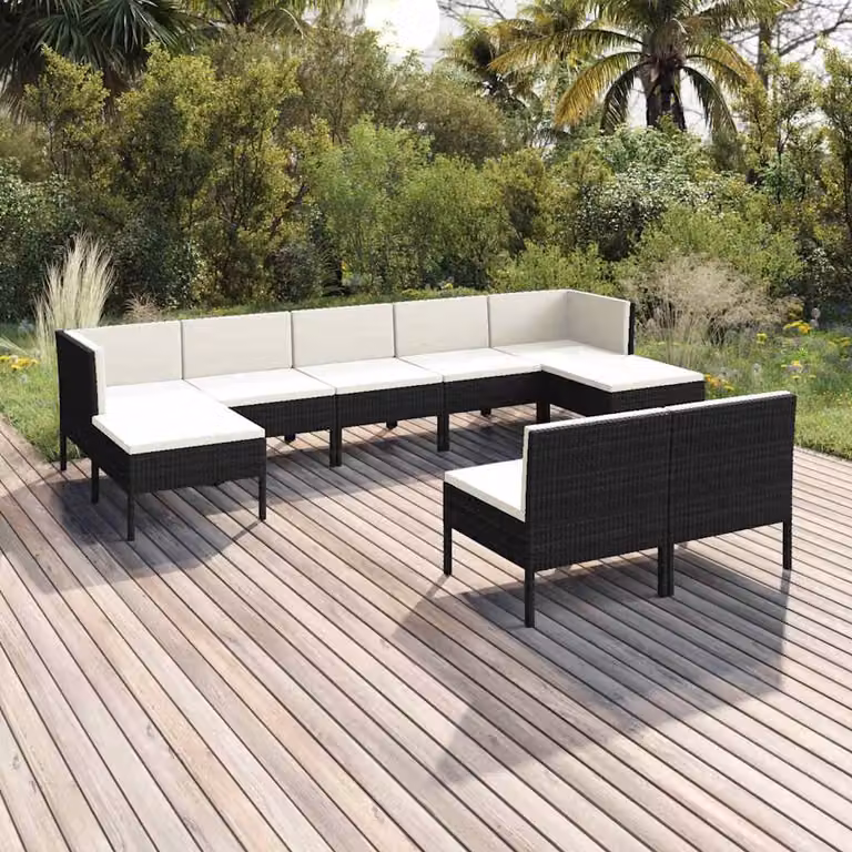 Set Divani da Giardino vidaXL 9 pz a Forma a U con Cuscini, Struttura in Metallo e Polyrattan, Colore Nero e Bianco