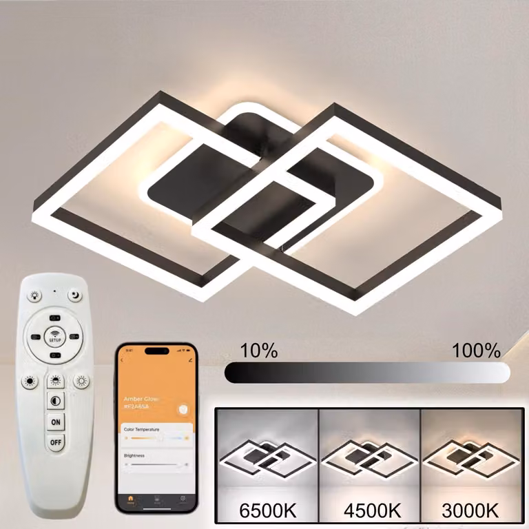 Lampada da soffitto a LED, nera, 65 cm, moderna lampada di design da 76W, controllabile tramite app e telecomando, dimmeraggio continuo da 3000 a 6500K, funzione di memoria, luce notturna, timer