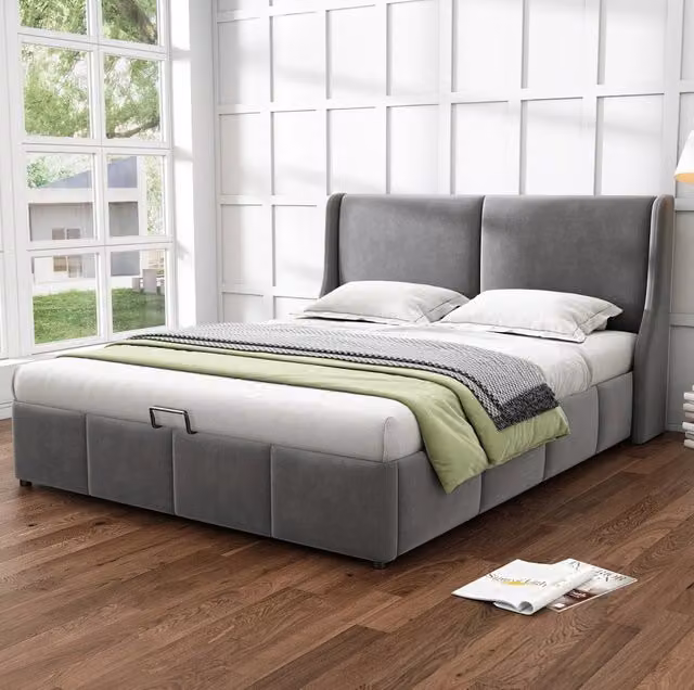Letto contenitore 140x190 cm; testiera a orecchie; velluto grigio (Senza materasso)