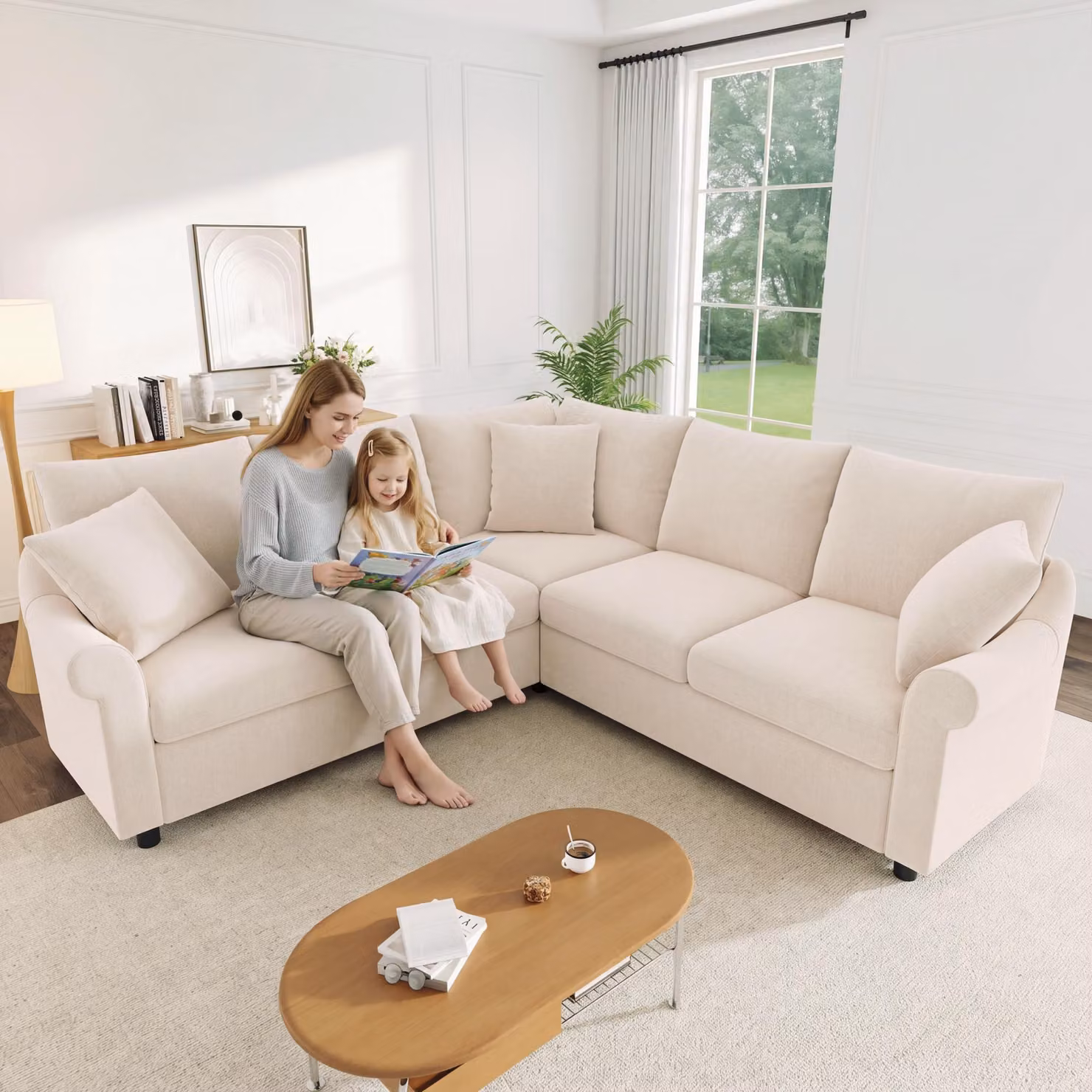 Divano angolare a forma di L, rivestito in chenille, con dimensioni di 217x217x83 cm, 5 posti, color beige, con cuscini removibili e braccioli sagomati, ideale per il soggiorno