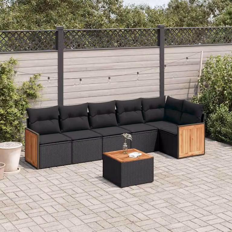Set Divani da Giardino vidaXL a Forma di L con Cuscini 7pz in Polyrattan Nero
