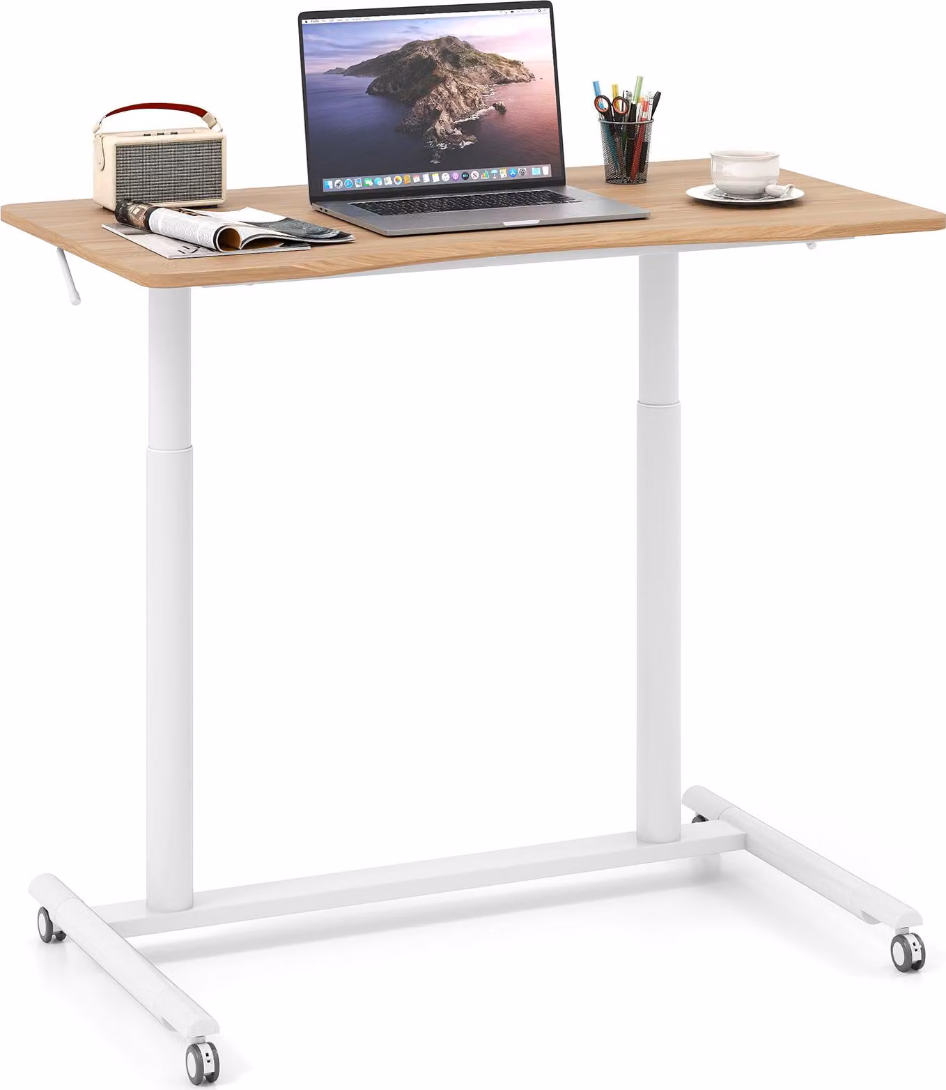 Scrivania mobile, scrivania regolabile in altezza con rotelle bloccabili e struttura in metallo, scrivania per computer portatili, natura