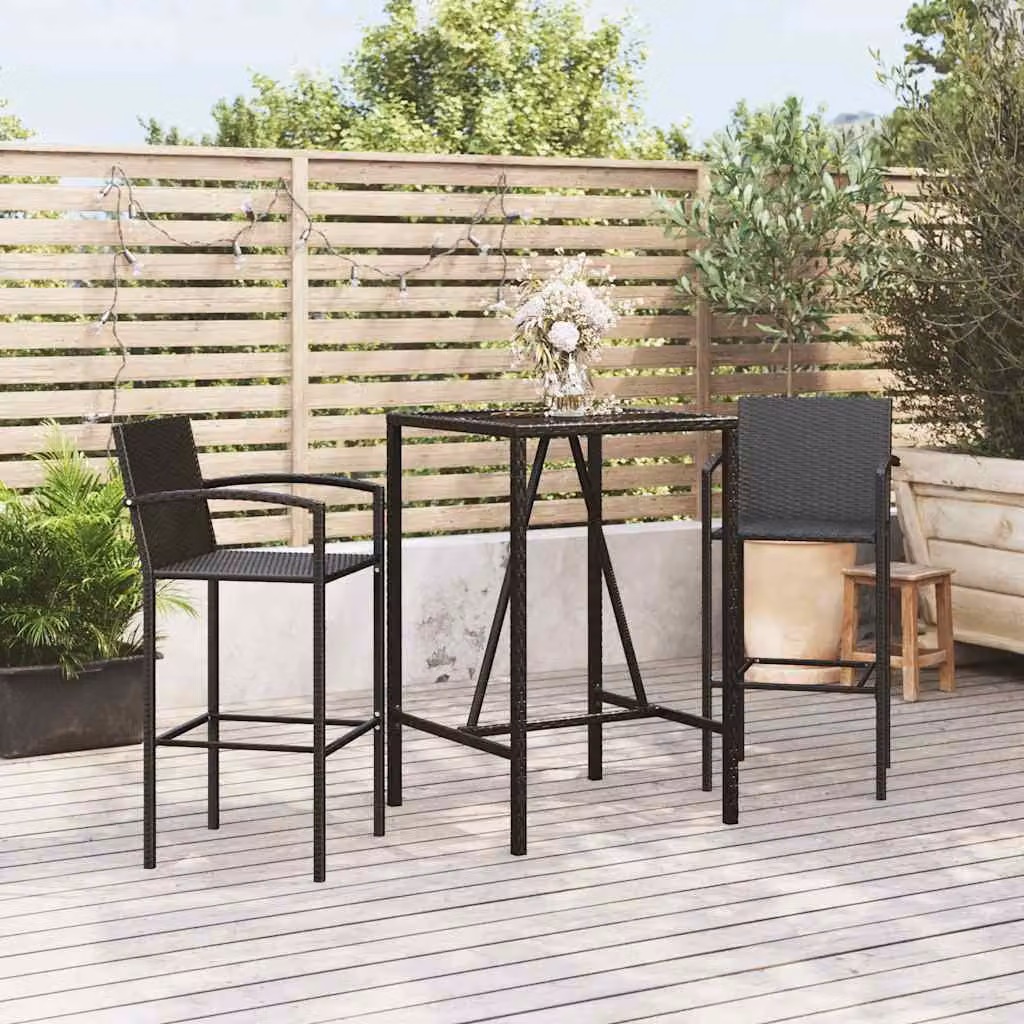 Set Bar da Giardino vidaXL in Polyrattan Nero con Piano in Vetro per Terrazza e Giardino