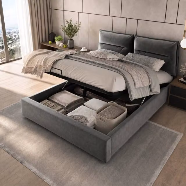 Letto matrimoniale 140x200 cm con contenitore; testiera regolabile; velluto grigio