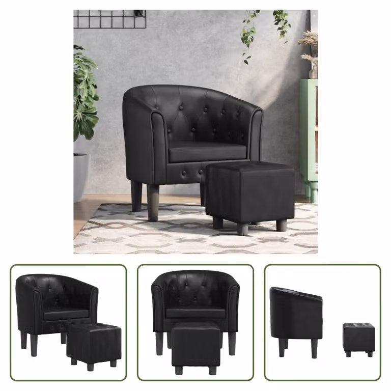 The Living Store Sedia club con poggiapiedi in ecopelle nera