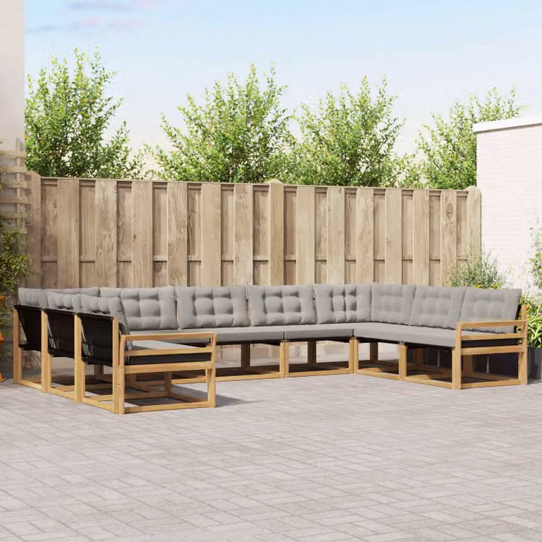 vidaXL Set di divani da esterno 9 pz in legno di acacia con cuscini Bianco, Grigio e Marrone