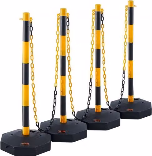Set di 4 paletti di segnalazione stradale VEVOR gialli e neri con catena da 2,4 m e base riempibile con acqua o sabbia