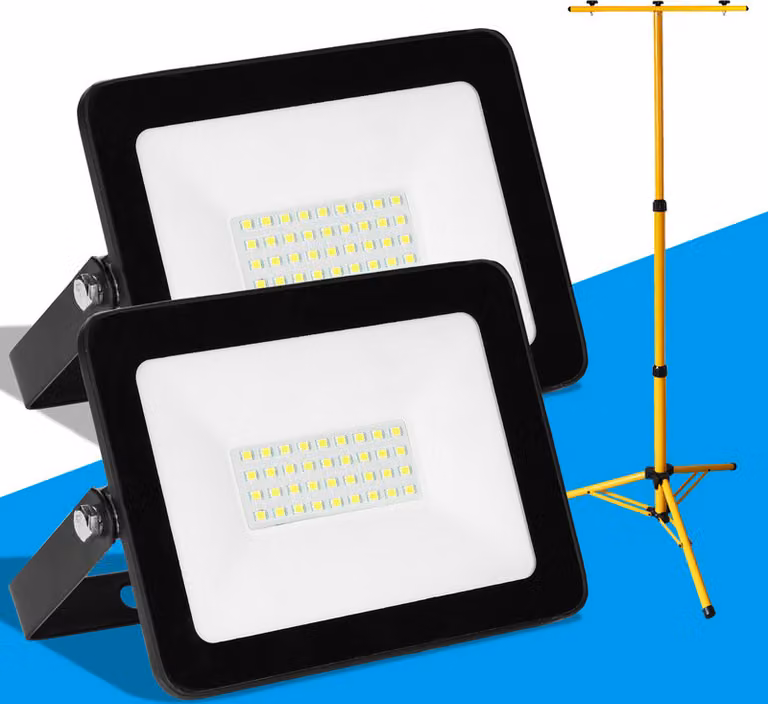 Jayseuw Faro da cantiere a LED 2x 30W Faro a LED Faro con treppiede Faro da esterno IP80 Faro impermeabile Luce da lavoro Bianco caldo