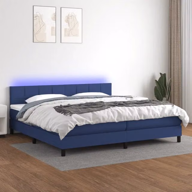 Letto con Materasso a Molle vidaXL in Tessuto con Illuminazione LED Blu e Porta USB, L/P: 200 x 200 cm, Bianco e Blu – 1