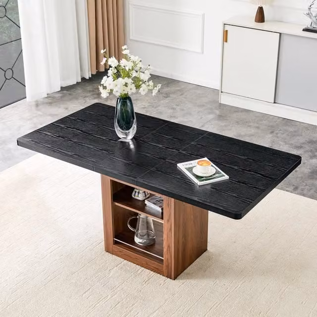 Tavolo da pranzo allungabile con ripiano aperto in MDF nero effetto legno e base color noce circa 130-160 cm
